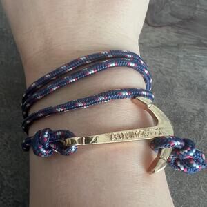 Leo Mazotti Gold Tone Anchor Navy Red White Cord Wrap Bracelet